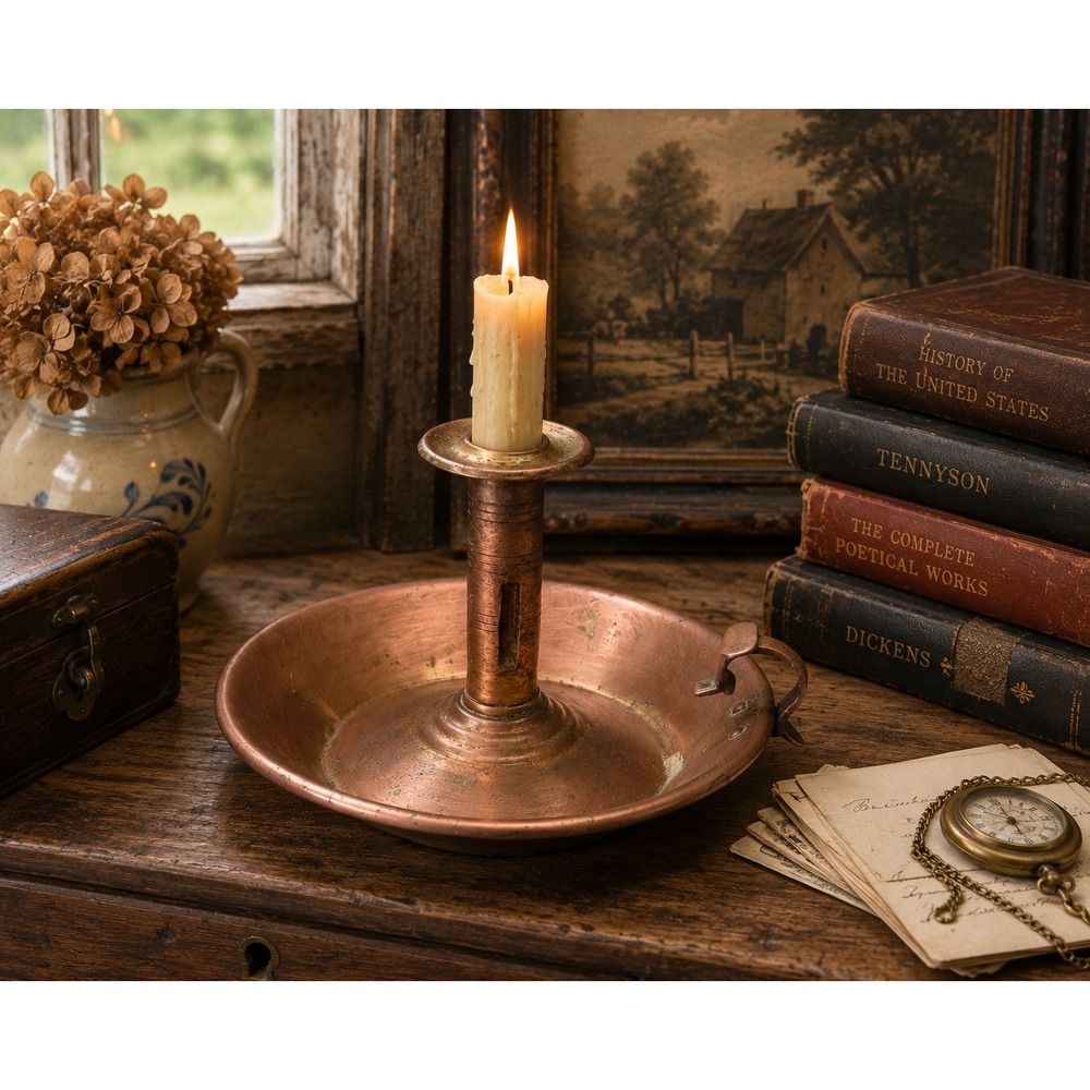 Antique Copper Chamberstick Candle Holder with Push Up Mechanism and Finger Loop